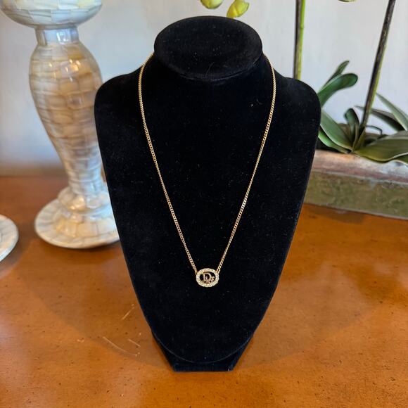 Dior Gold Toned Oval CD Rhinestone Pendant Necklace - Picture 2 of 5